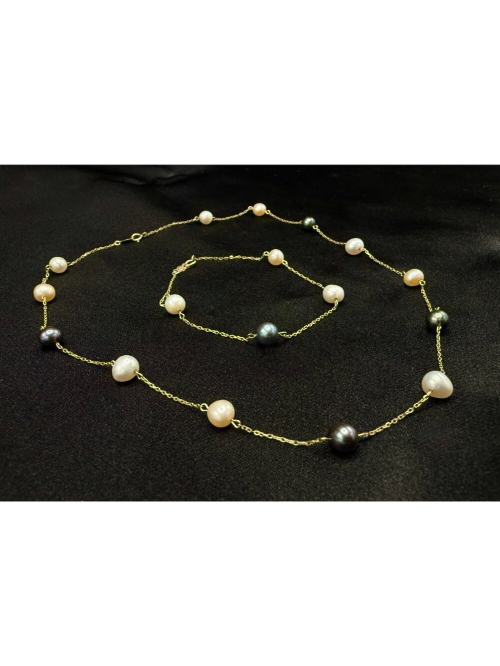 10K Solid Gold Necklace & Bracelet Set With Multicolor Freshwater Pearls